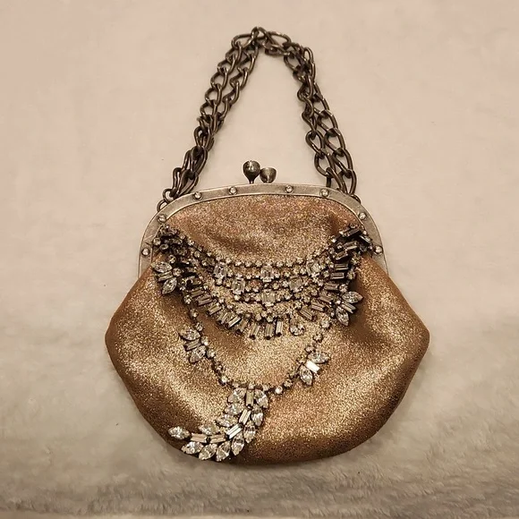 JUICY COUTURE Rare Gold Mettalic Leather Evening Purse With Rhinestones - Picture 2 of 8